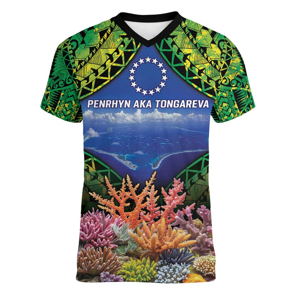 Penrhyn aka Tongareva Cook Islands Atoll Personalised Women V-Neck T-Shirt with Pacific Coral Reef Green Vibe