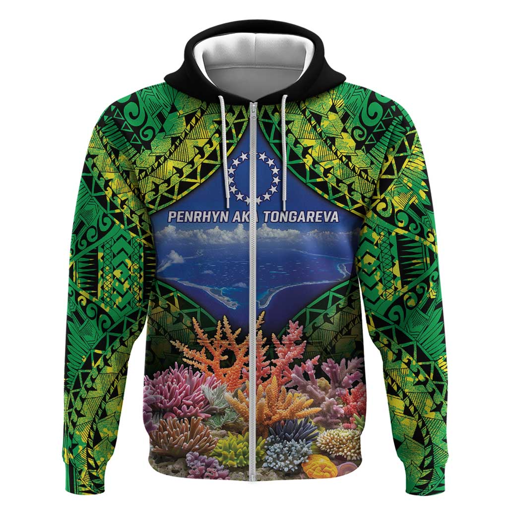 Penrhyn aka Tongareva Cook Islands Atoll Personalised Zip Hoodie with Pacific Coral Reef Green Vibe