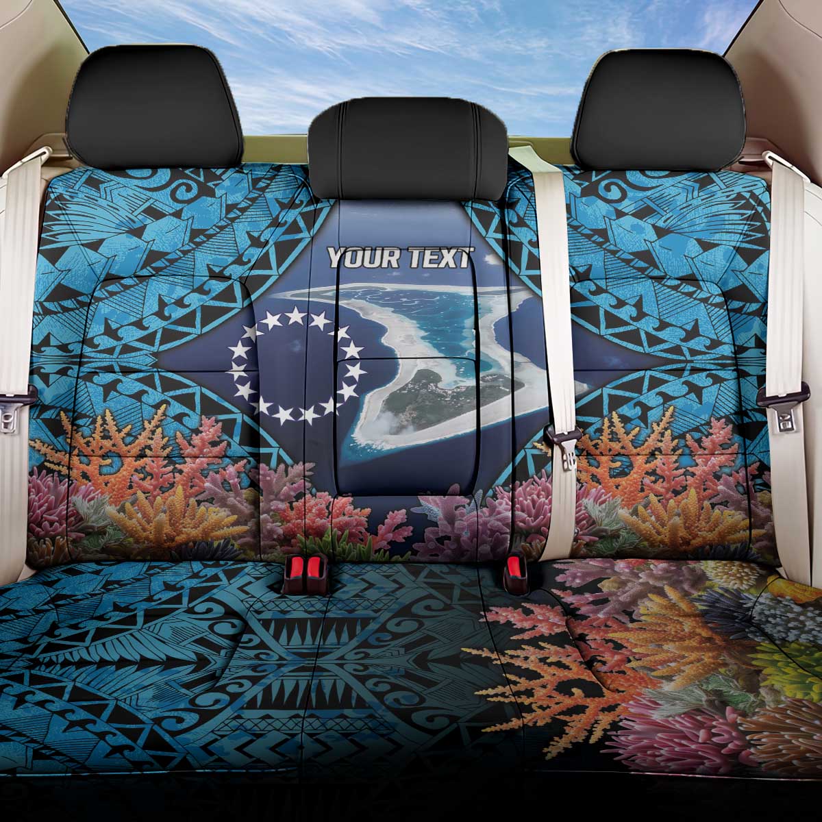 Te Ulu o te Watu Cook Islands Atoll Personalised Back Car Seat Cover Pukapuka Map with Pacific Coral Reef Blue Vibe