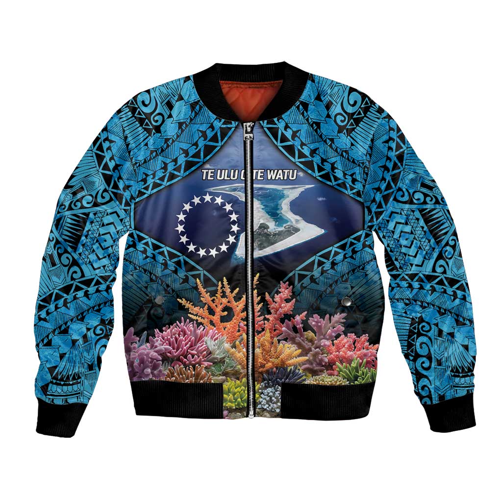 Te Ulu o te Watu Cook Islands Atoll Personalised Bomber Jacket Pukapuka Map with Pacific Coral Reef Blue Vibe