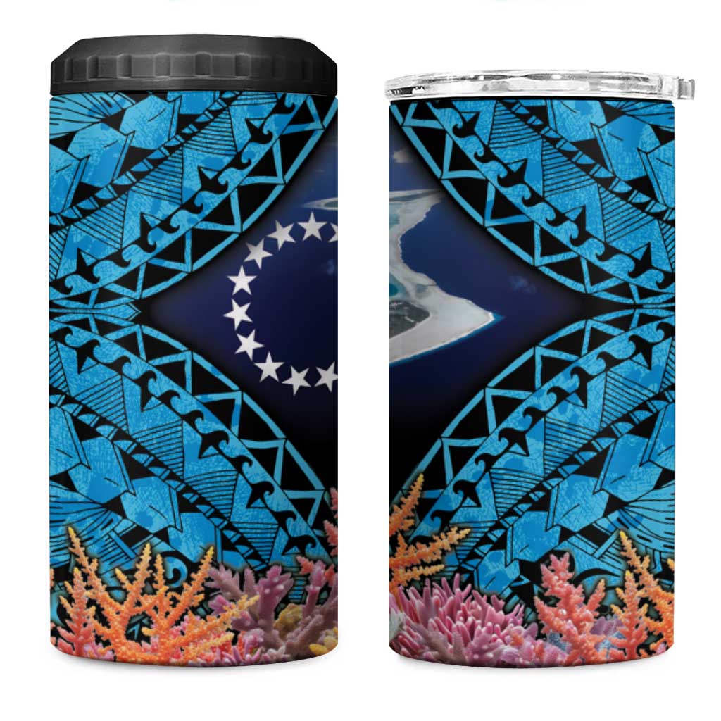 Te Ulu o te Watu Cook Islands Atoll Personalised 4 in 1 Can Cooler Tumbler Pukapuka Map with Pacific Coral Reef Blue Vibe