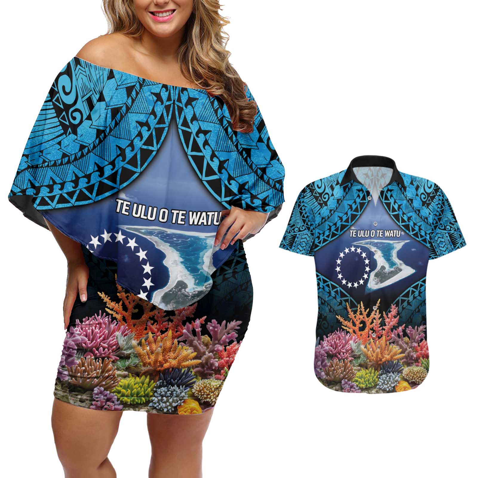 Te Ulu o te Watu Cook Islands Atoll Personalised Couples Matching Off Shoulder Short Dress and Hawaiian Shirt Pukapuka Map with Pacific Coral Reef Blue Vibe