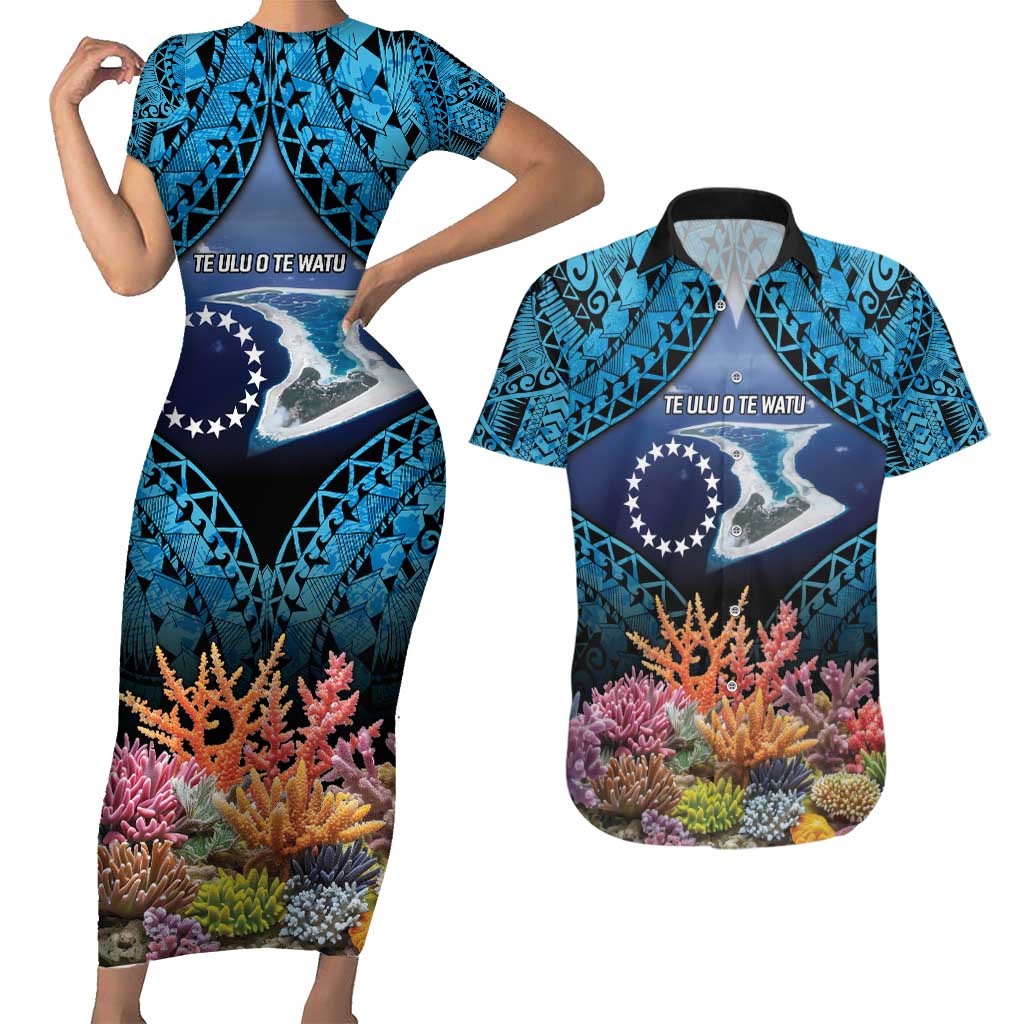 Te Ulu o te Watu Cook Islands Atoll Personalised Couples Matching Short Sleeve Bodycon Dress and Hawaiian Shirt Pukapuka Map with Pacific Coral Reef Blue Vibe