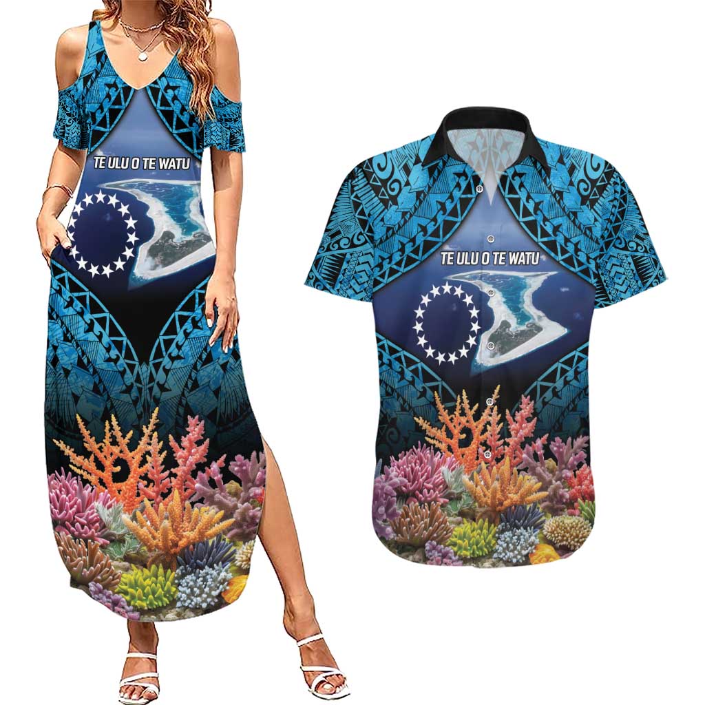 Te Ulu o te Watu Cook Islands Atoll Personalised Couples Matching Summer Maxi Dress and Hawaiian Shirt Pukapuka Map with Pacific Coral Reef Blue Vibe