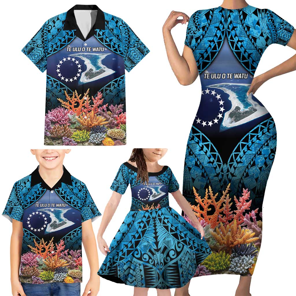 Te Ulu o te Watu Cook Islands Atoll Personalised Family Matching Short Sleeve Bodycon Dress and Hawaiian Shirt Pukapuka Map with Pacific Coral Reef Blue Vibe