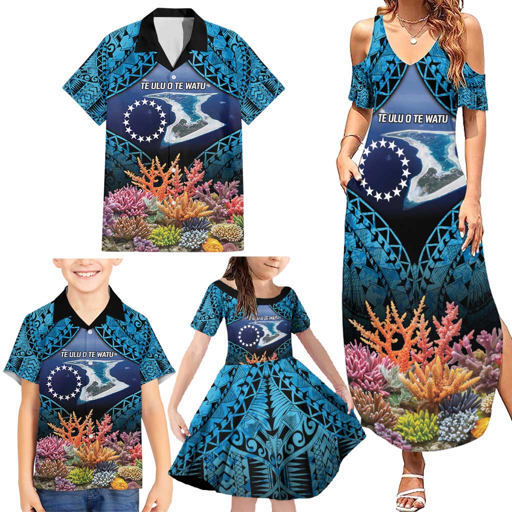 Te Ulu o te Watu Cook Islands Atoll Personalised Family Matching Summer Maxi Dress and Hawaiian Shirt Pukapuka Map with Pacific Coral Reef Blue Vibe