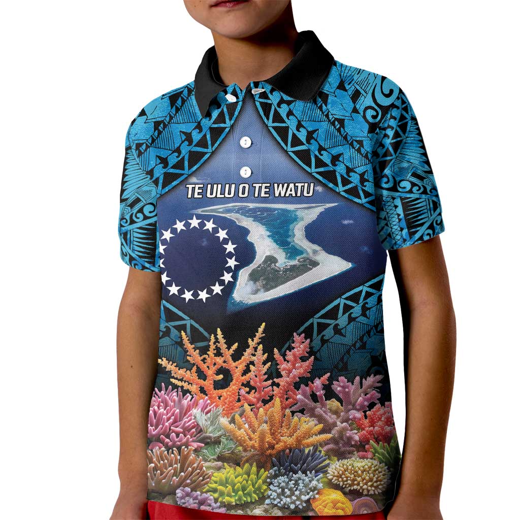 Te Ulu o te Watu Cook Islands Atoll Personalised Kid Polo Shirt Pukapuka Map with Pacific Coral Reef Blue Vibe