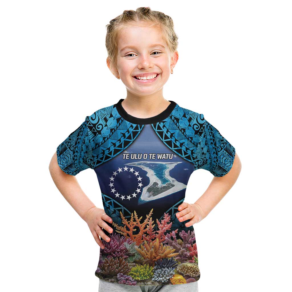 Te Ulu o te Watu Cook Islands Atoll Personalised Kid T Shirt Pukapuka Map with Pacific Coral Reef Blue Vibe