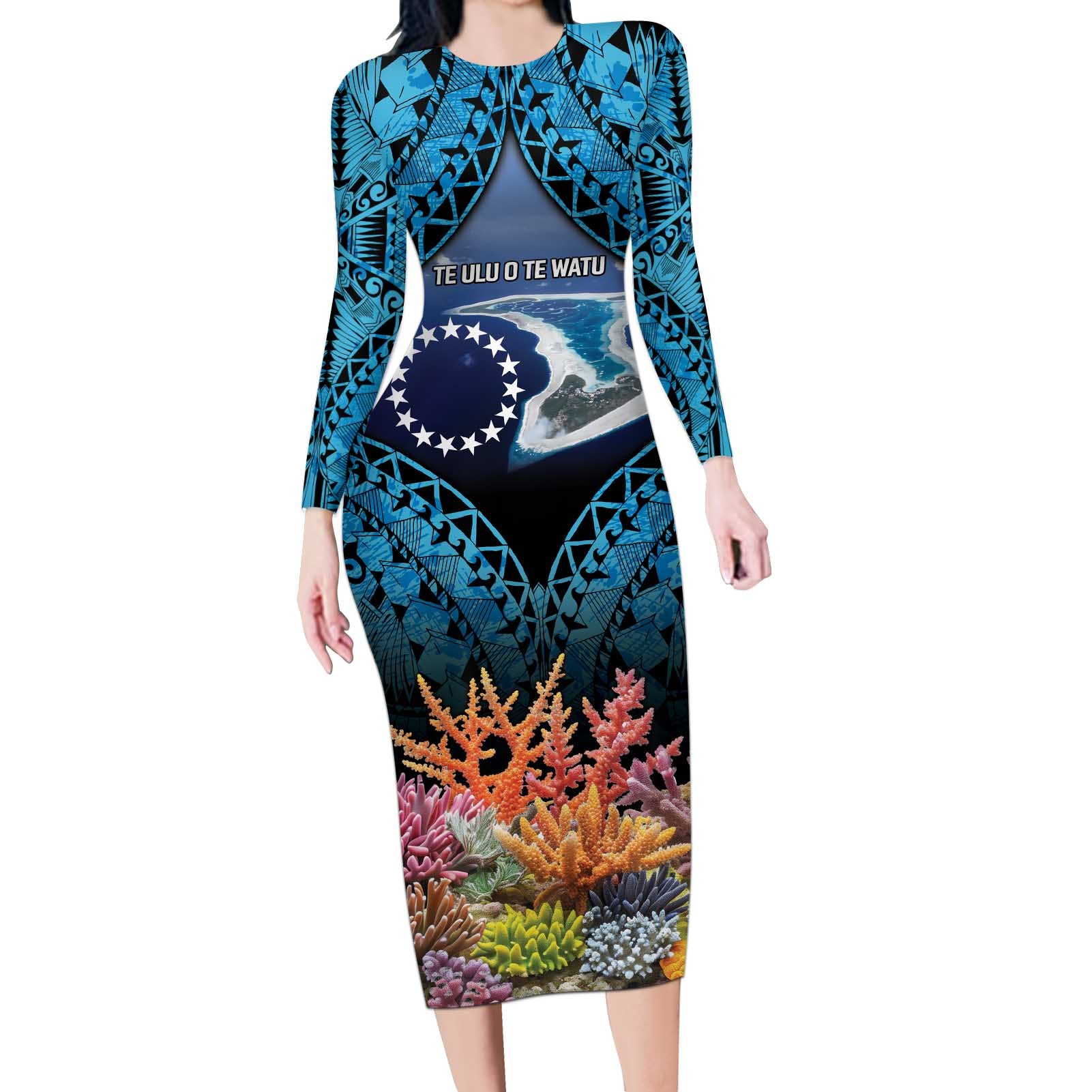 Te Ulu o te Watu Cook Islands Atoll Personalised Long Sleeve Bodycon Dress Pukapuka Map with Pacific Coral Reef Blue Vibe