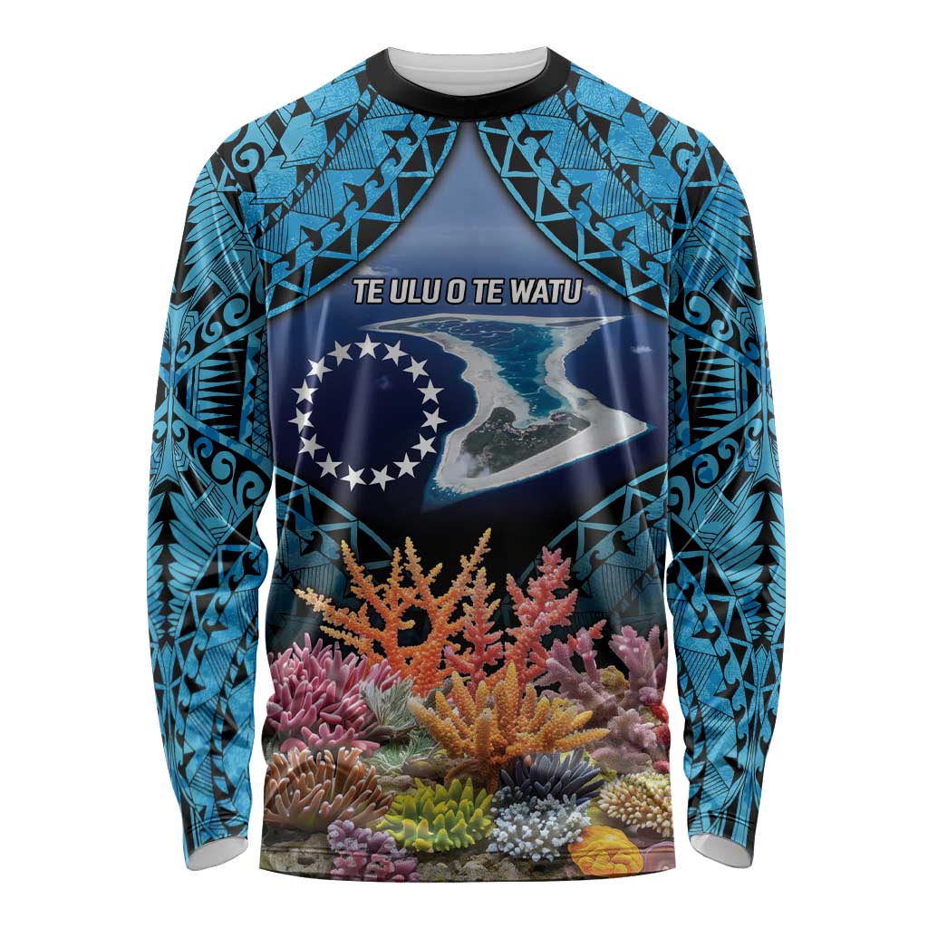 Te Ulu o te Watu Cook Islands Atoll Personalised Long Sleeve Shirt Pukapuka Map with Pacific Coral Reef Blue Vibe