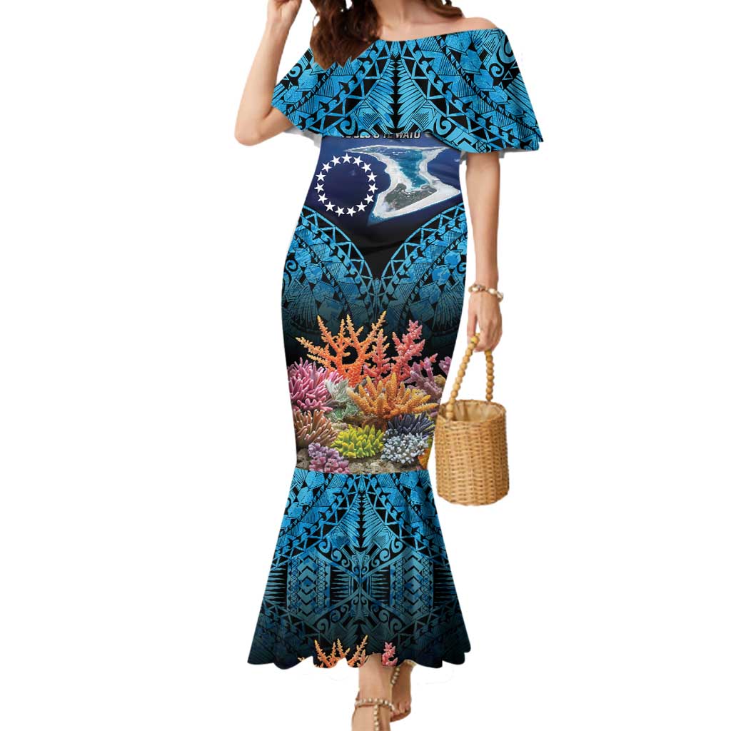 Te Ulu o te Watu Cook Islands Atoll Personalised Mermaid Dress Pukapuka Map with Pacific Coral Reef Blue Vibe