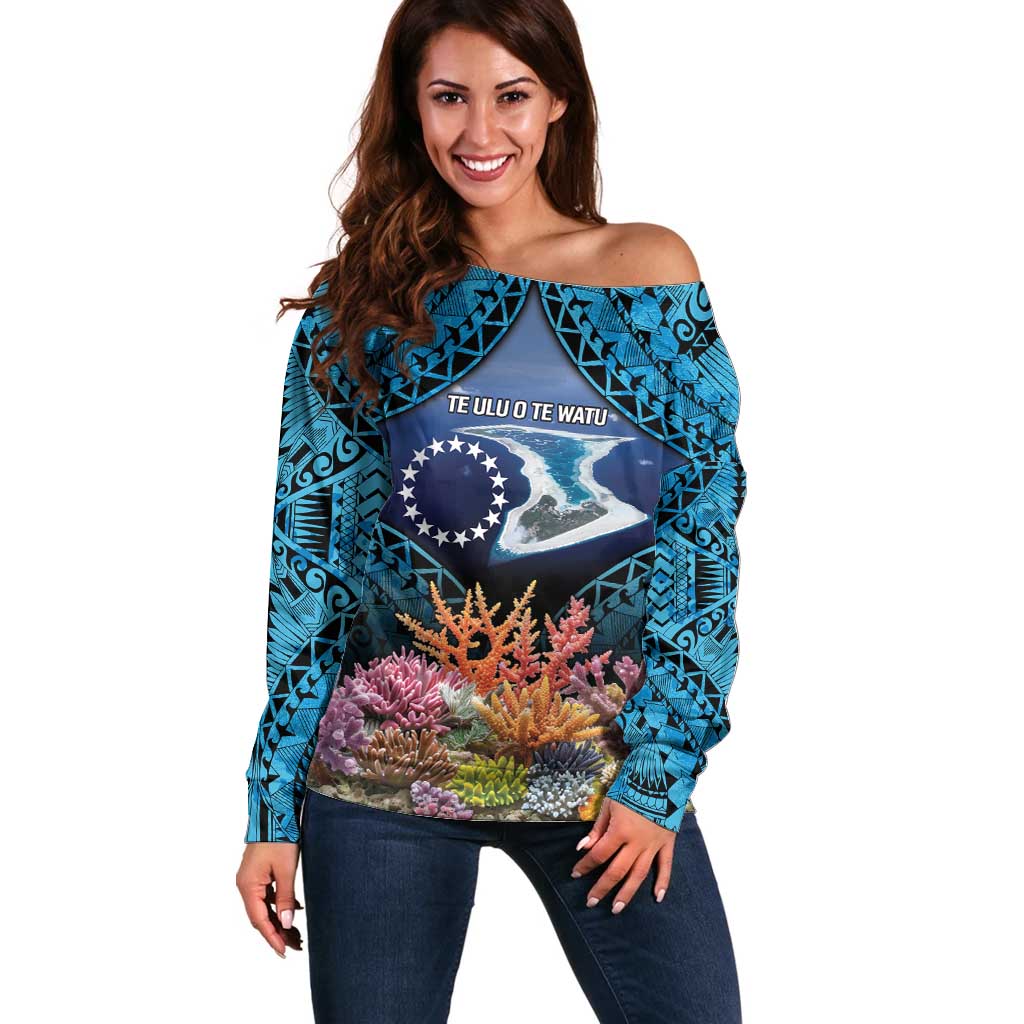 Te Ulu o te Watu Cook Islands Atoll Personalised Off Shoulder Sweater Pukapuka Map with Pacific Coral Reef Blue Vibe