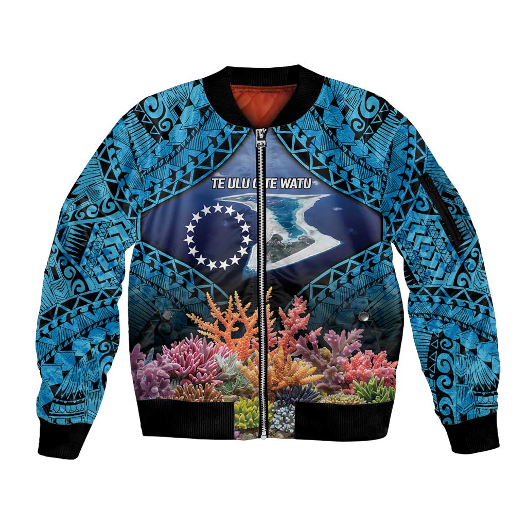 Te Ulu o te Watu Cook Islands Atoll Personalised Sleeve Zip Bomber Jacket Pukapuka Map with Pacific Coral Reef Blue Vibe