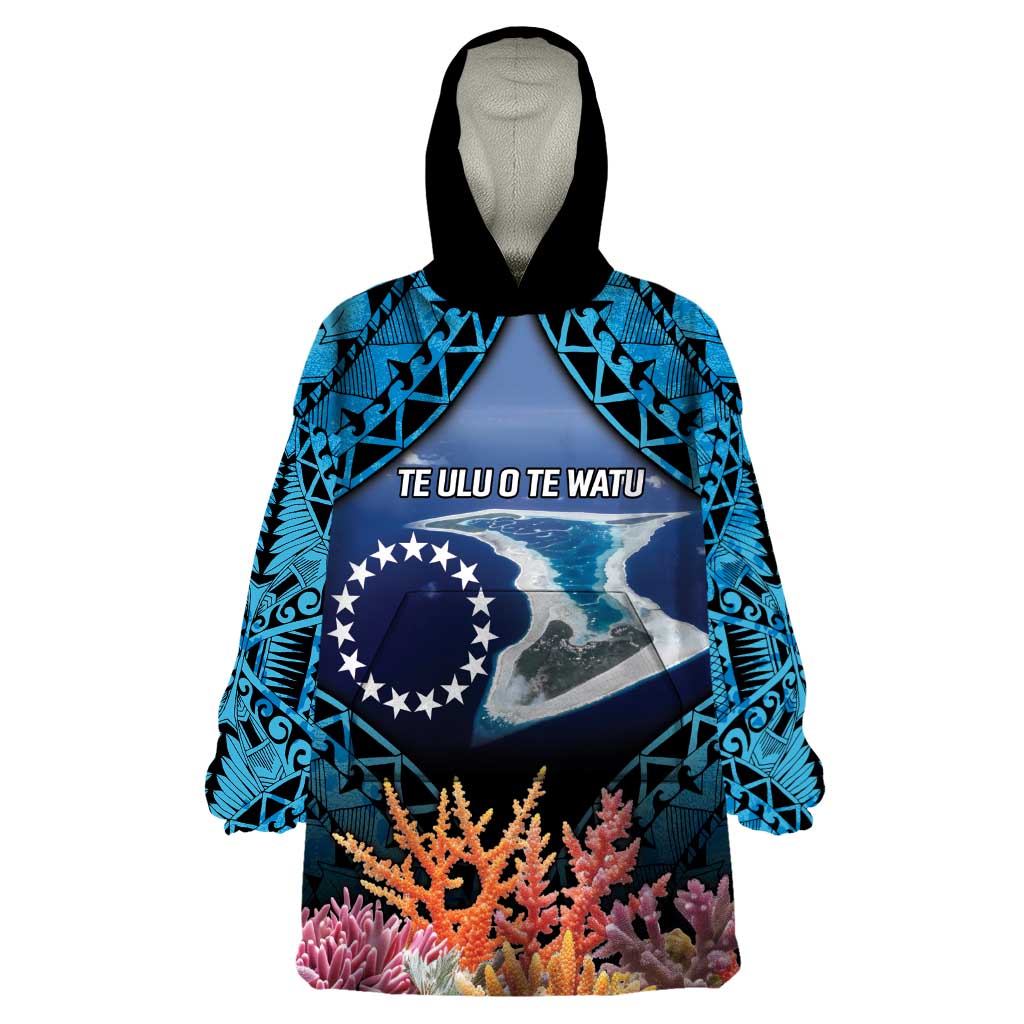 Te Ulu o te Watu Cook Islands Atoll Personalised Wearable Blanket Hoodie Pukapuka Map with Pacific Coral Reef Blue Vibe