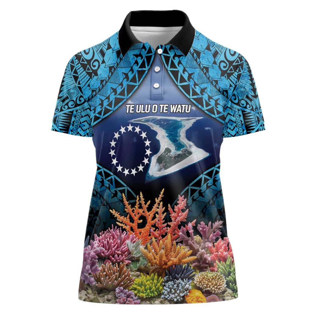 Te Ulu o te Watu Cook Islands Atoll Personalised Women Polo Shirt Pukapuka Map with Pacific Coral Reef Blue Vibe