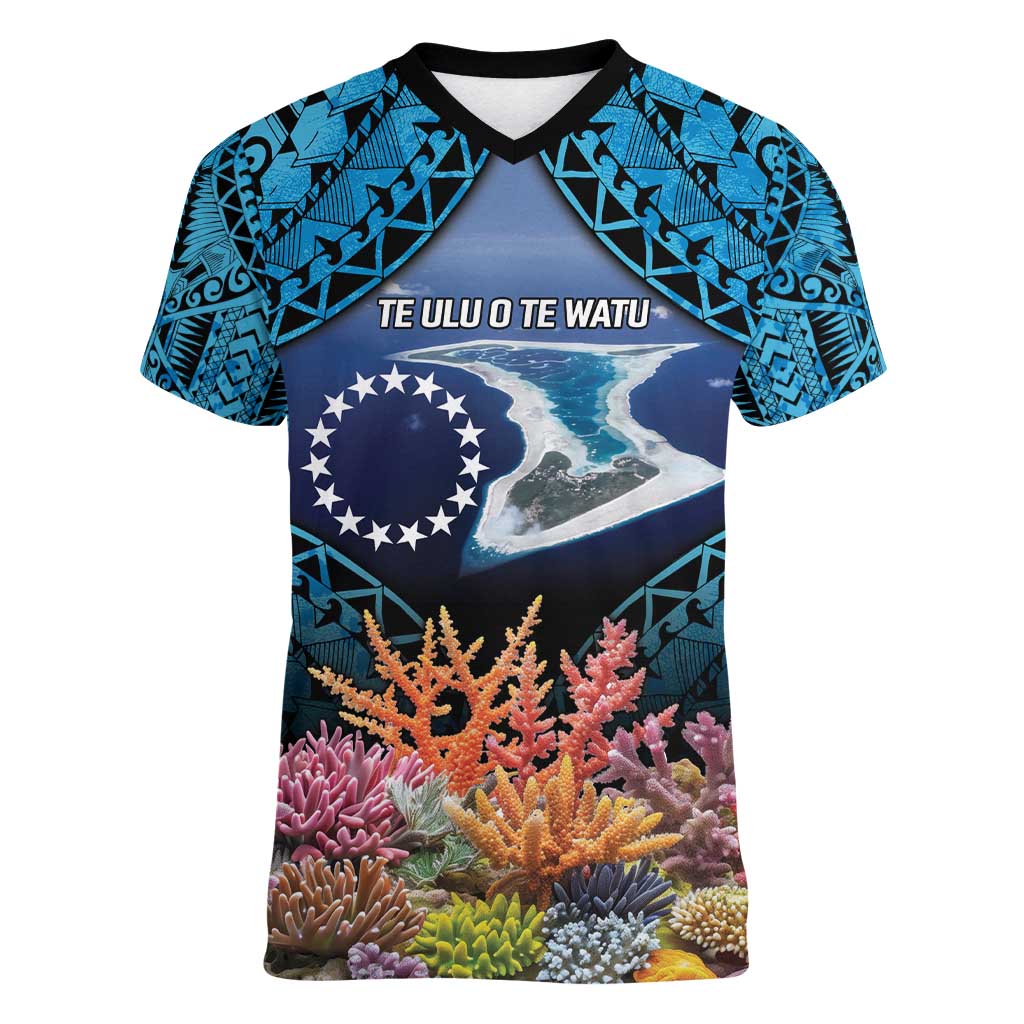 Te Ulu o te Watu Cook Islands Atoll Personalised Women V-Neck T-Shirt Pukapuka Map with Pacific Coral Reef Blue Vibe