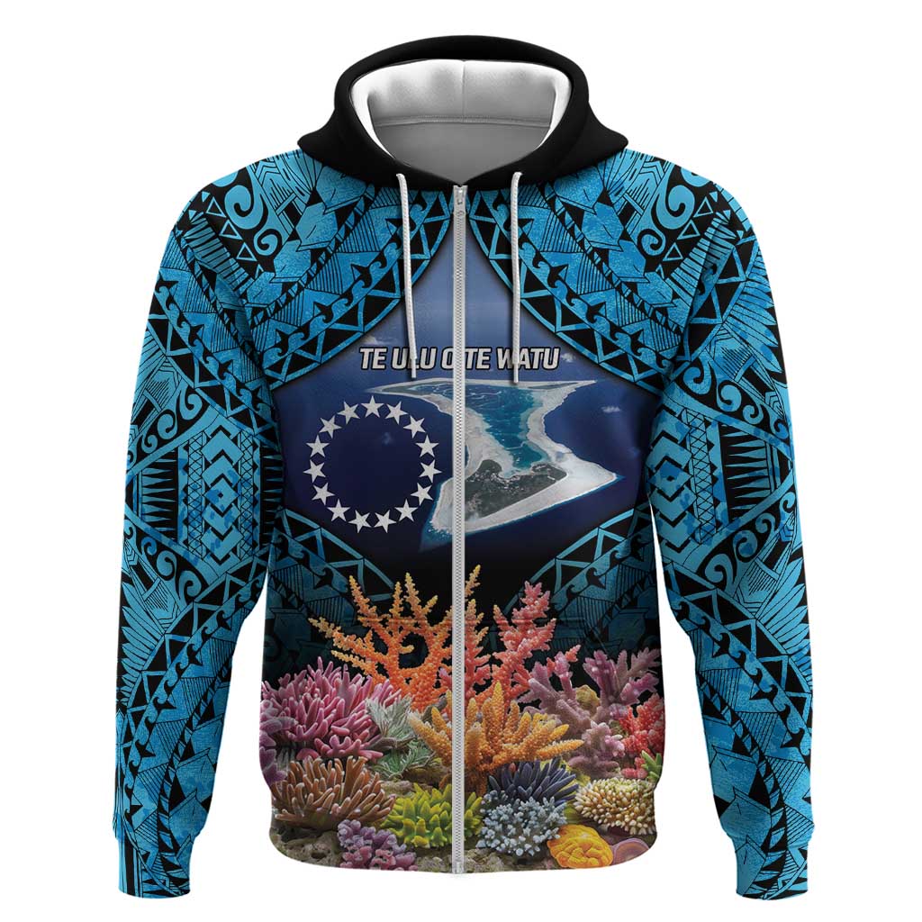 Te Ulu o te Watu Cook Islands Atoll Personalised Zip Hoodie Pukapuka Map with Pacific Coral Reef Blue Vibe