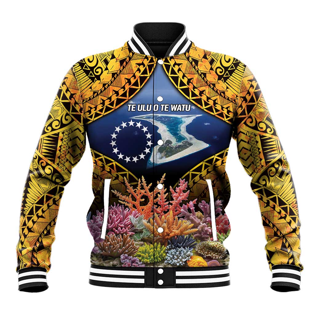 Te Ulu o te Watu Cook Islands Atoll Personalised Baseball Jacket Pukapuka Map with Pacific Coral Reef Gold Vibe