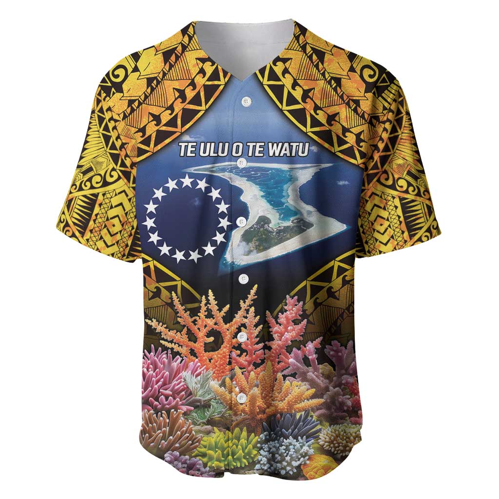 Te Ulu o te Watu Cook Islands Atoll Personalised Baseball Jersey Pukapuka Map with Pacific Coral Reef Gold Vibe