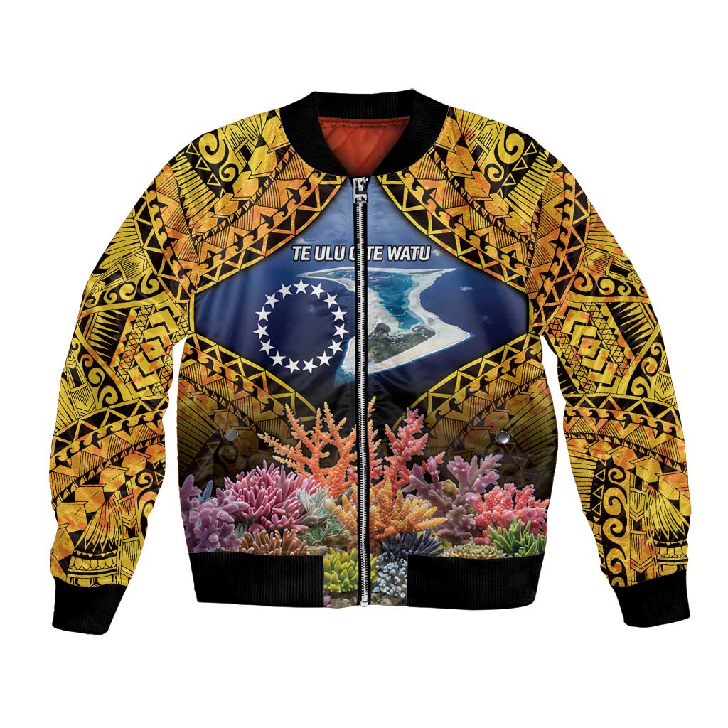 Te Ulu o te Watu Cook Islands Atoll Personalised Bomber Jacket Pukapuka Map with Pacific Coral Reef Gold Vibe