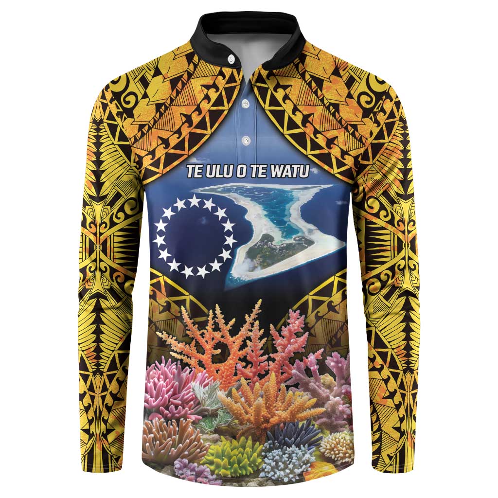 Te Ulu o te Watu Cook Islands Atoll Personalised Button Sweatshirt Pukapuka Map with Pacific Coral Reef Gold Vibe