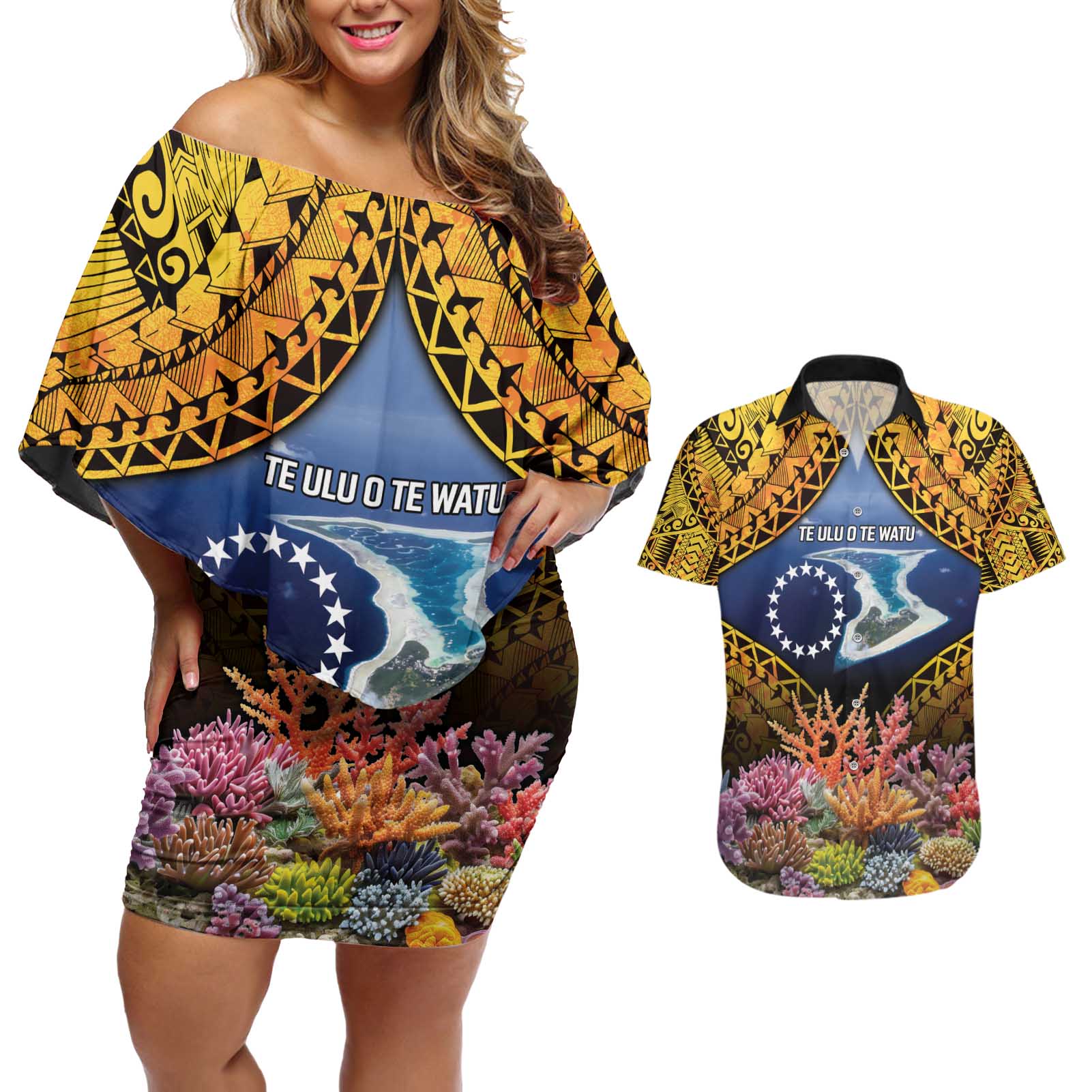 Te Ulu o te Watu Cook Islands Atoll Personalised Couples Matching Off Shoulder Short Dress and Hawaiian Shirt Pukapuka Map with Pacific Coral Reef Gold Vibe