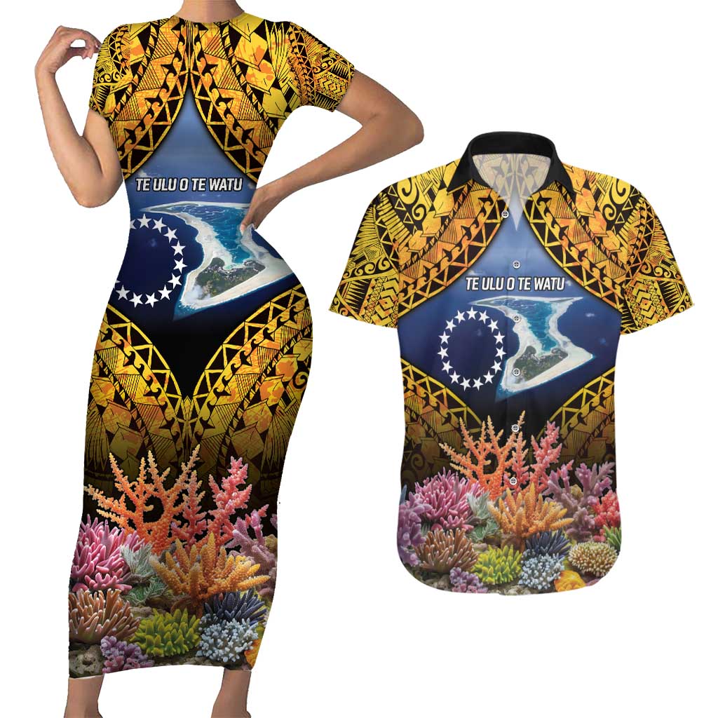 Te Ulu o te Watu Cook Islands Atoll Personalised Couples Matching Short Sleeve Bodycon Dress and Hawaiian Shirt Pukapuka Map with Pacific Coral Reef Gold Vibe