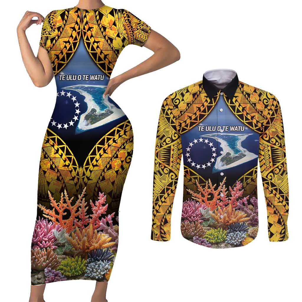 Te Ulu o te Watu Cook Islands Atoll Personalised Couples Matching Short Sleeve Bodycon Dress and Long Sleeve Button Shirt Pukapuka Map with Pacific Coral Reef Gold Vibe