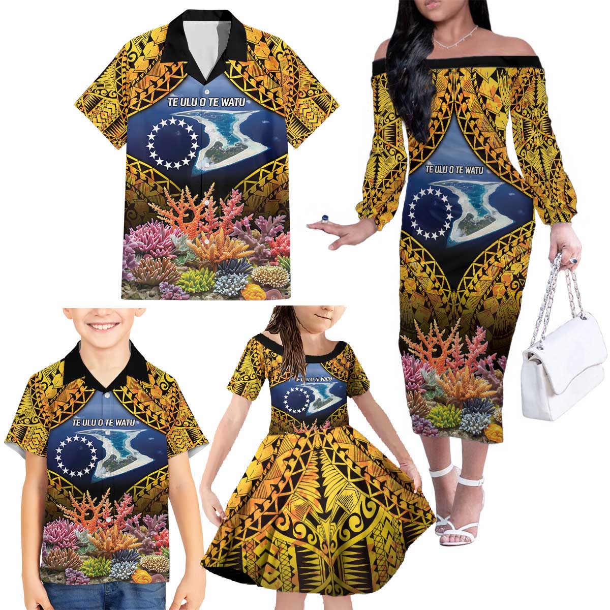 Te Ulu o te Watu Cook Islands Atoll Personalised Family Matching Off The Shoulder Long Sleeve Dress and Hawaiian Shirt Pukapuka Map with Pacific Coral Reef Gold Vibe