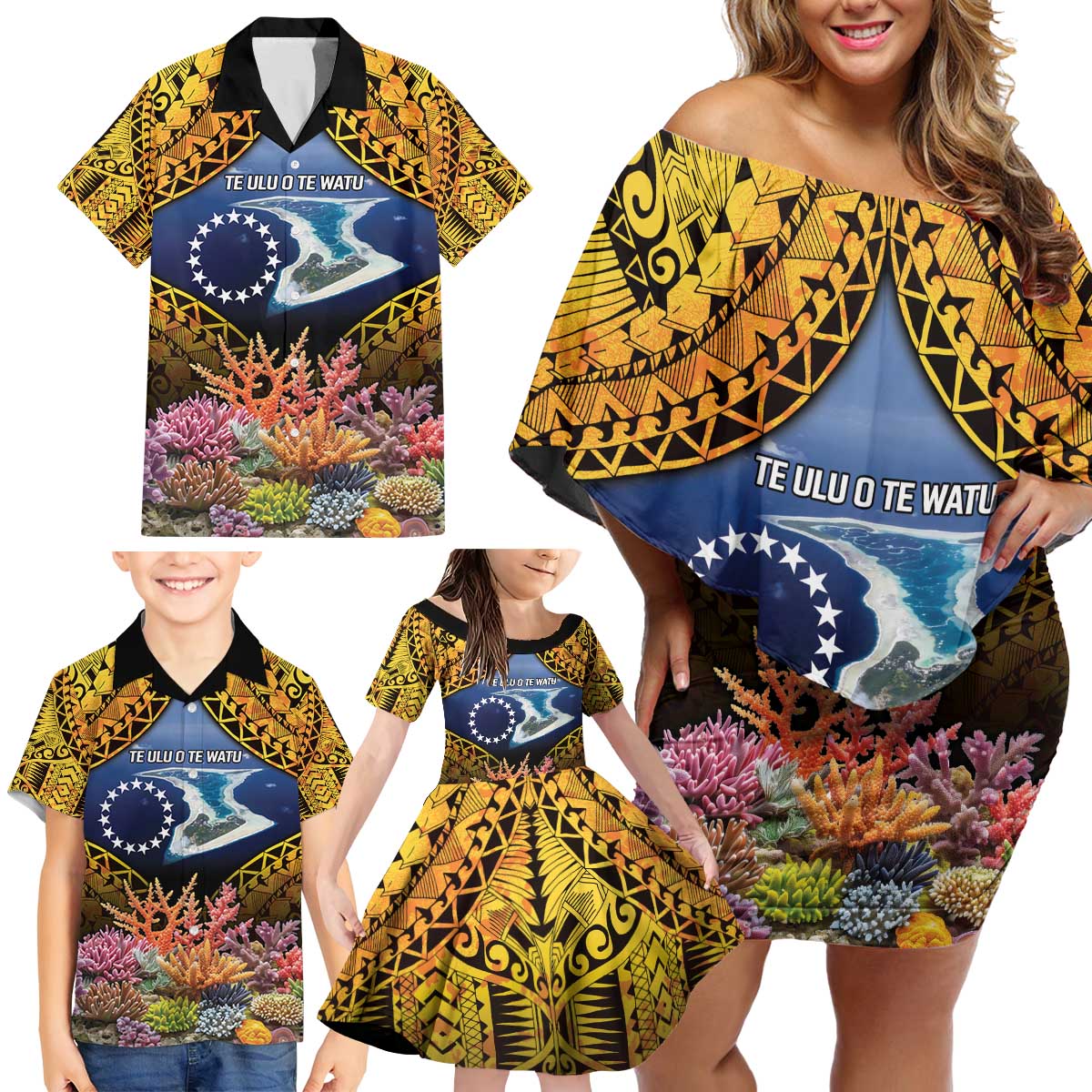 Te Ulu o te Watu Cook Islands Atoll Personalised Family Matching Off Shoulder Short Dress and Hawaiian Shirt Pukapuka Map with Pacific Coral Reef Gold Vibe