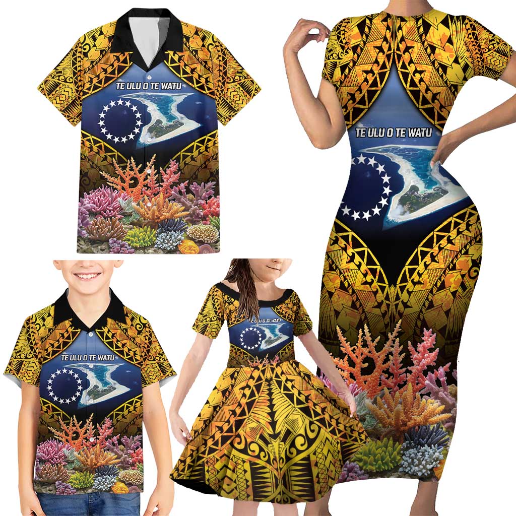 Te Ulu o te Watu Cook Islands Atoll Personalised Family Matching Short Sleeve Bodycon Dress and Hawaiian Shirt Pukapuka Map with Pacific Coral Reef Gold Vibe