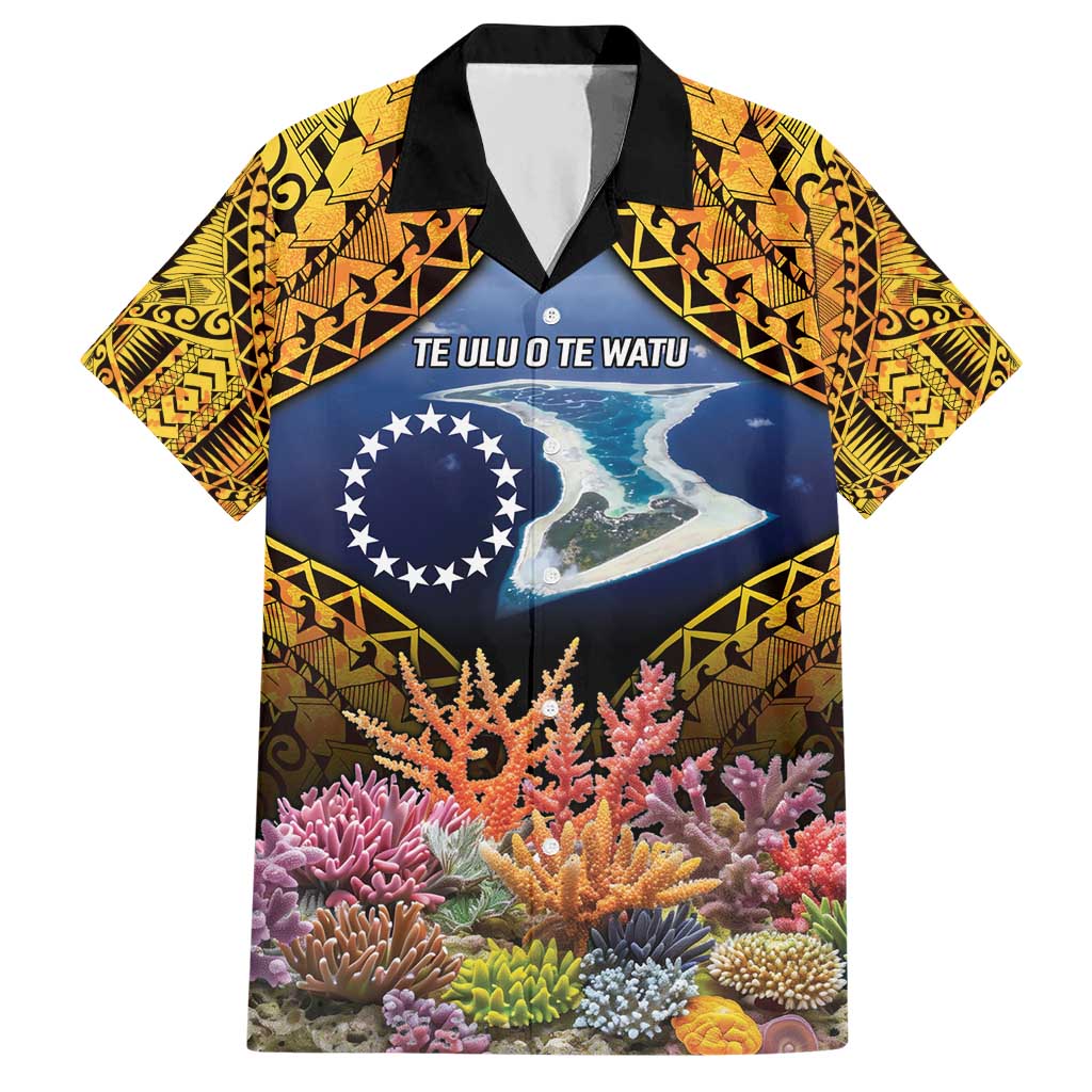 Te Ulu o te Watu Cook Islands Atoll Personalised Hawaiian Shirt Pukapuka Map with Pacific Coral Reef Gold Vibe