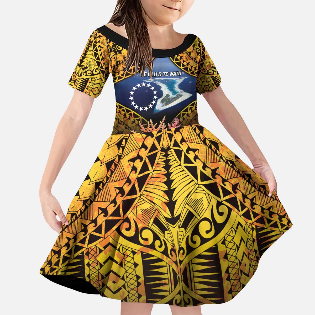 Te Ulu o te Watu Cook Islands Atoll Personalised Kid Short Sleeve Dress Pukapuka Map with Pacific Coral Reef Gold Vibe