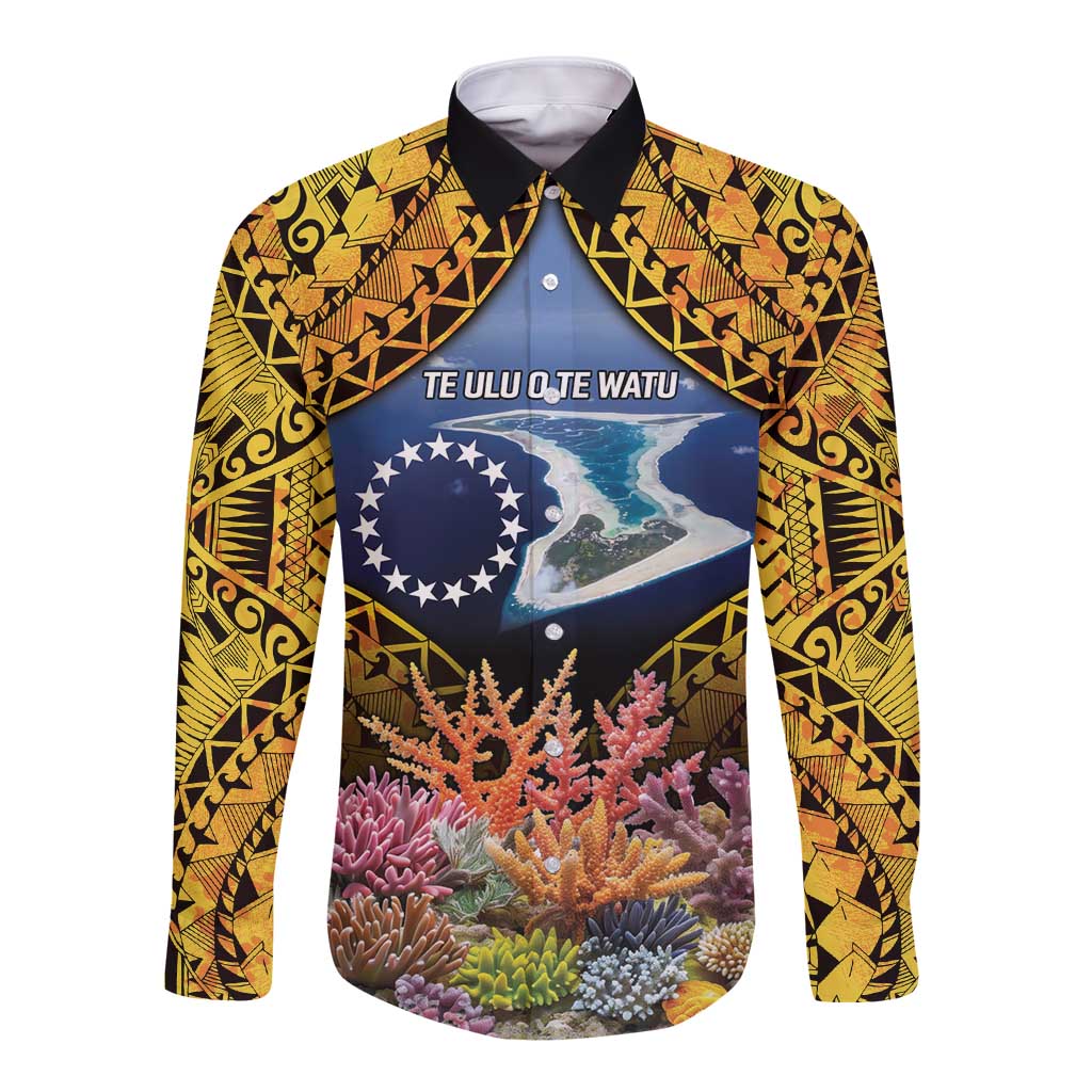 Te Ulu o te Watu Cook Islands Atoll Personalised Long Sleeve Button Shirt Pukapuka Map with Pacific Coral Reef Gold Vibe