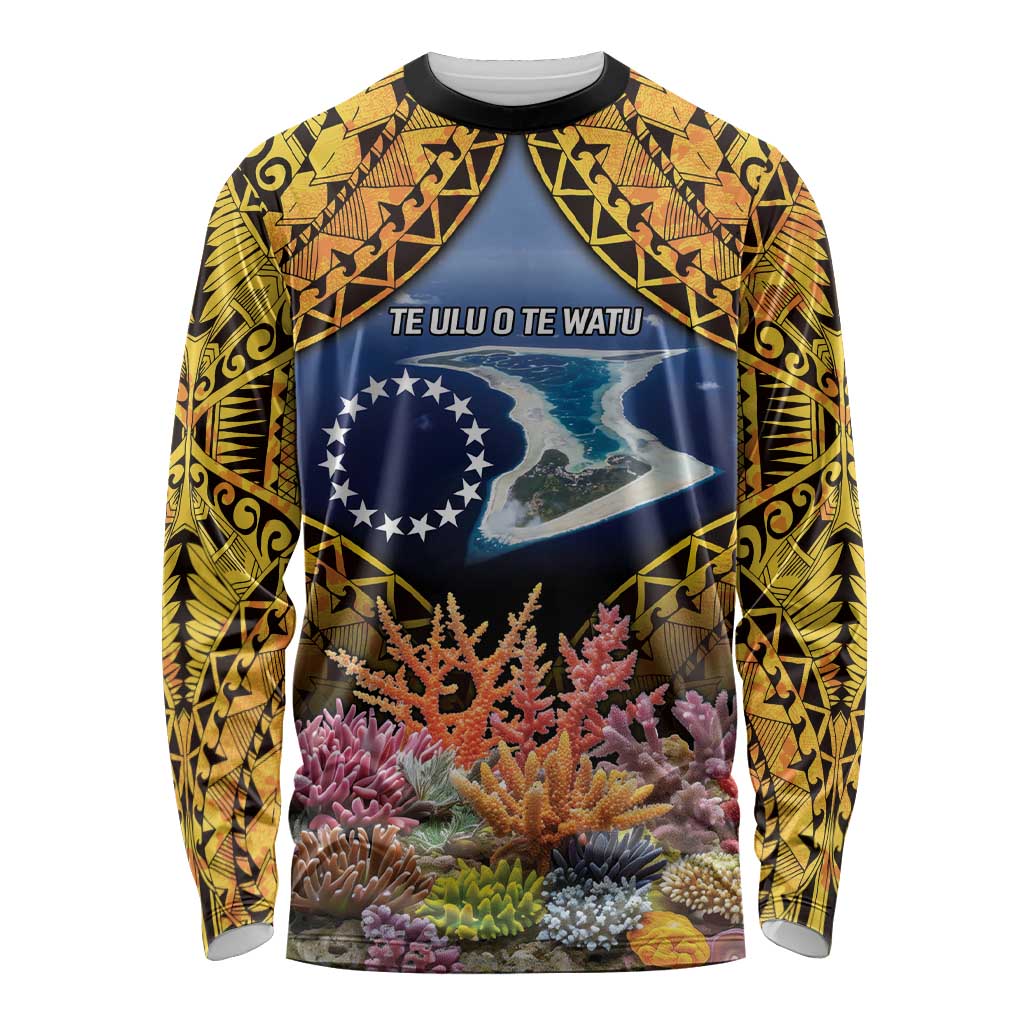 Te Ulu o te Watu Cook Islands Atoll Personalised Long Sleeve Shirt Pukapuka Map with Pacific Coral Reef Gold Vibe