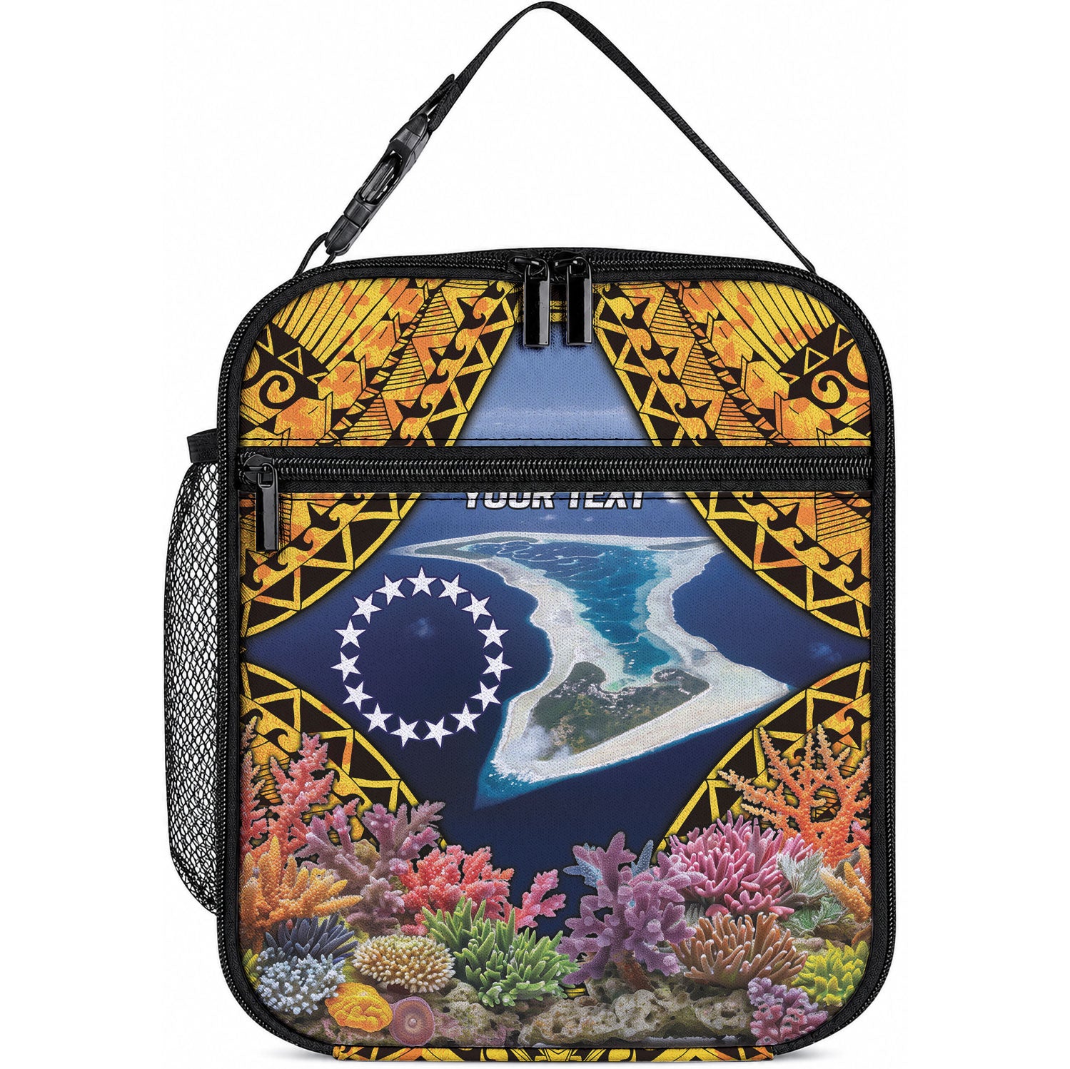 Te Ulu o te Watu Cook Islands Atoll Personalised Lunch Bag Pukapuka Map with Pacific Coral Reef Gold Vibe LT9 10.2 × 8.3 × 4.3 inch Gold - Polynesian Pride