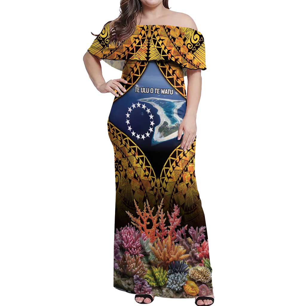 Te Ulu o te Watu Cook Islands Atoll Personalised Off Shoulder Maxi Dress Pukapuka Map with Pacific Coral Reef Gold Vibe