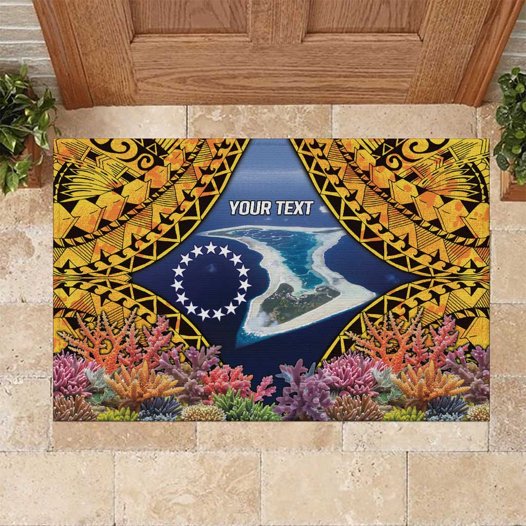 Te Ulu o te Watu Cook Islands Atoll Personalised Rubber Doormat Pukapuka Map with Pacific Coral Reef Gold Vibe