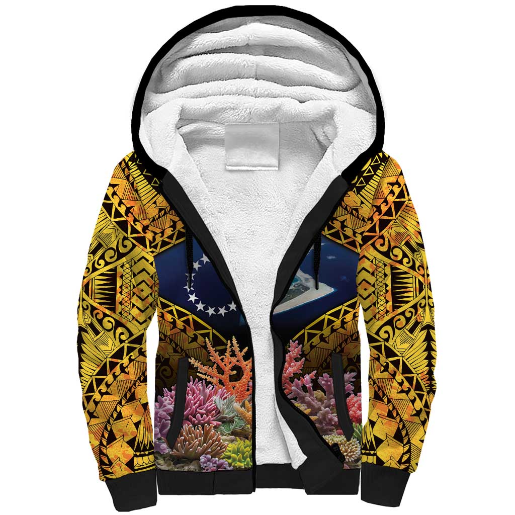 Te Ulu o te Watu Cook Islands Atoll Personalised Sherpa Hoodie Pukapuka Map with Pacific Coral Reef Gold Vibe