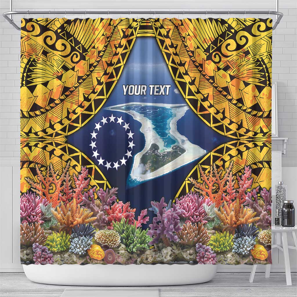 Te Ulu o te Watu Cook Islands Atoll Personalised Shower Curtain Pukapuka Map with Pacific Coral Reef Gold Vibe