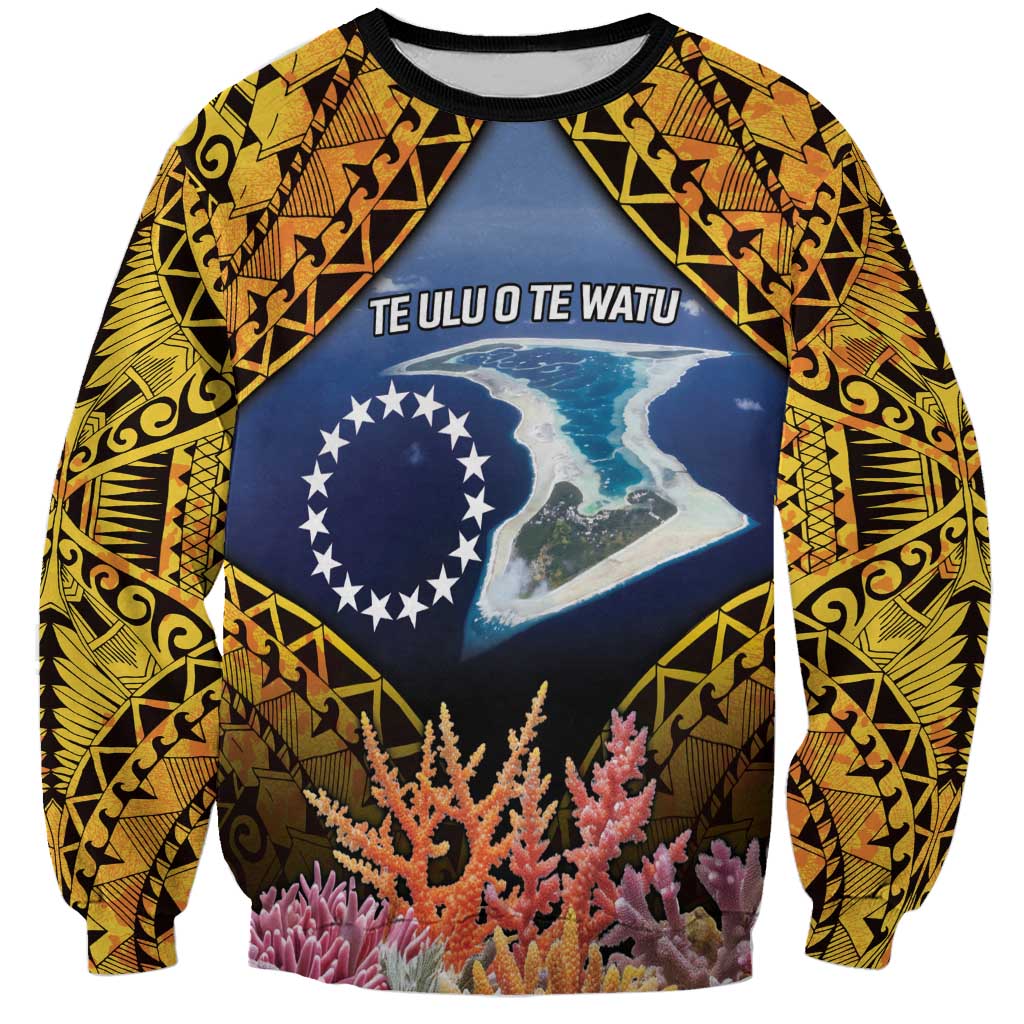 Te Ulu o te Watu Cook Islands Atoll Personalised Sweatshirt Pukapuka Map with Pacific Coral Reef Gold Vibe