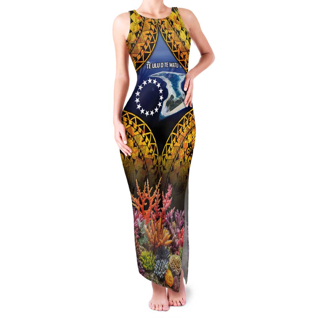 Te Ulu o te Watu Cook Islands Atoll Personalised Tank Maxi Dress Pukapuka Map with Pacific Coral Reef Gold Vibe