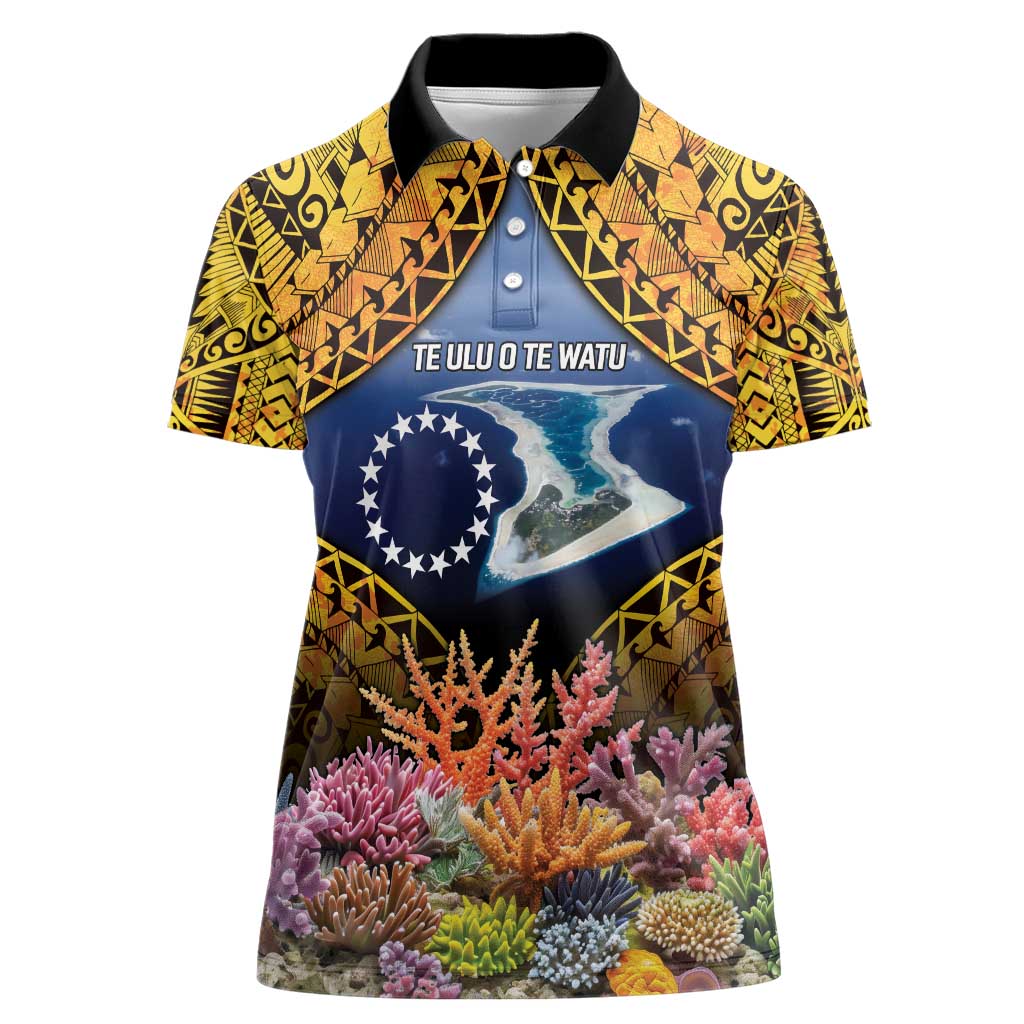 Te Ulu o te Watu Cook Islands Atoll Personalised Women Polo Shirt Pukapuka Map with Pacific Coral Reef Gold Vibe