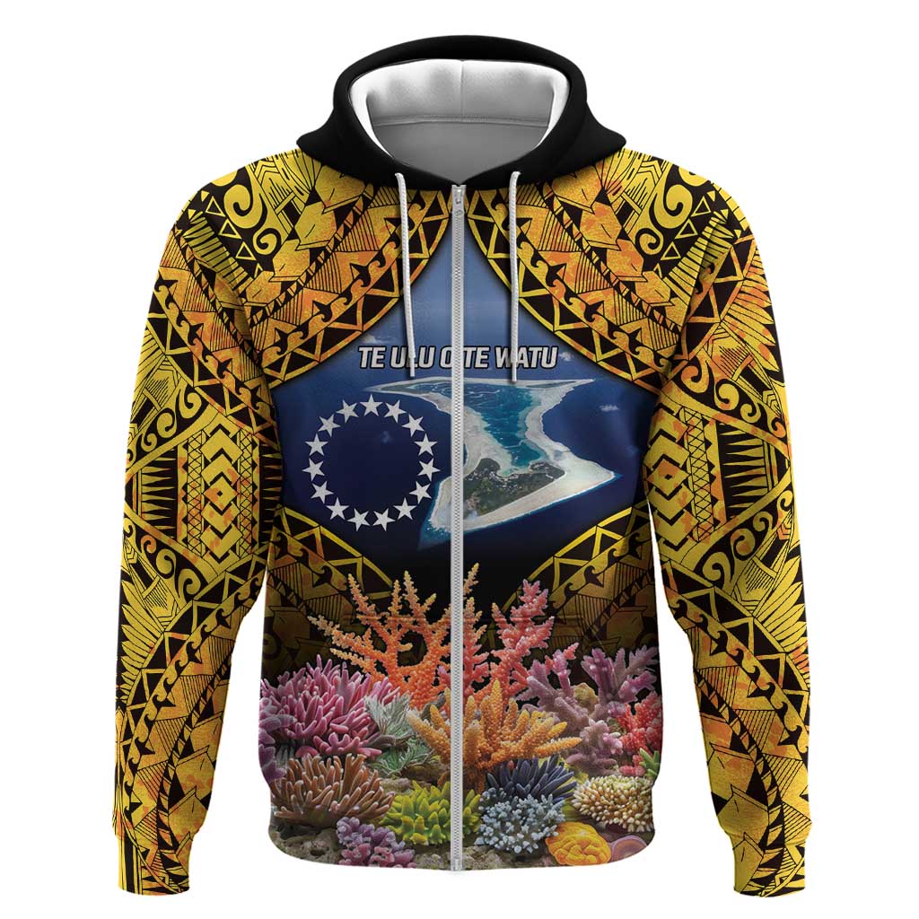 Te Ulu o te Watu Cook Islands Atoll Personalised Zip Hoodie Pukapuka Map with Pacific Coral Reef Gold Vibe