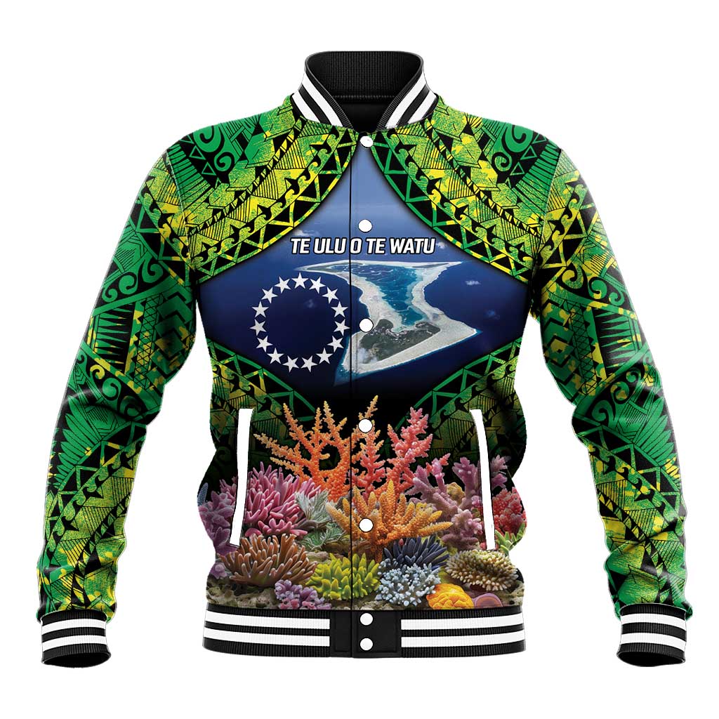 Te Ulu o te Watu Cook Islands Atoll Personalised Baseball Jacket Pukapuka Map with Pacific Coral Reef Green Vibe