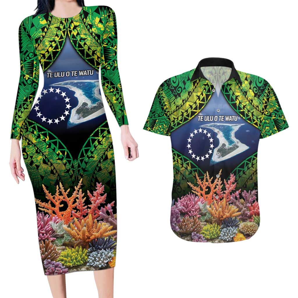 Te Ulu o te Watu Cook Islands Atoll Personalised Couples Matching Long Sleeve Bodycon Dress and Hawaiian Shirt Pukapuka Map with Pacific Coral Reef Green Vibe