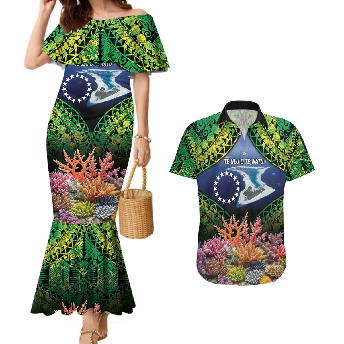 Te Ulu o te Watu Cook Islands Atoll Personalised Couples Matching Mermaid Dress and Hawaiian Shirt Pukapuka Map with Pacific Coral Reef Green Vibe