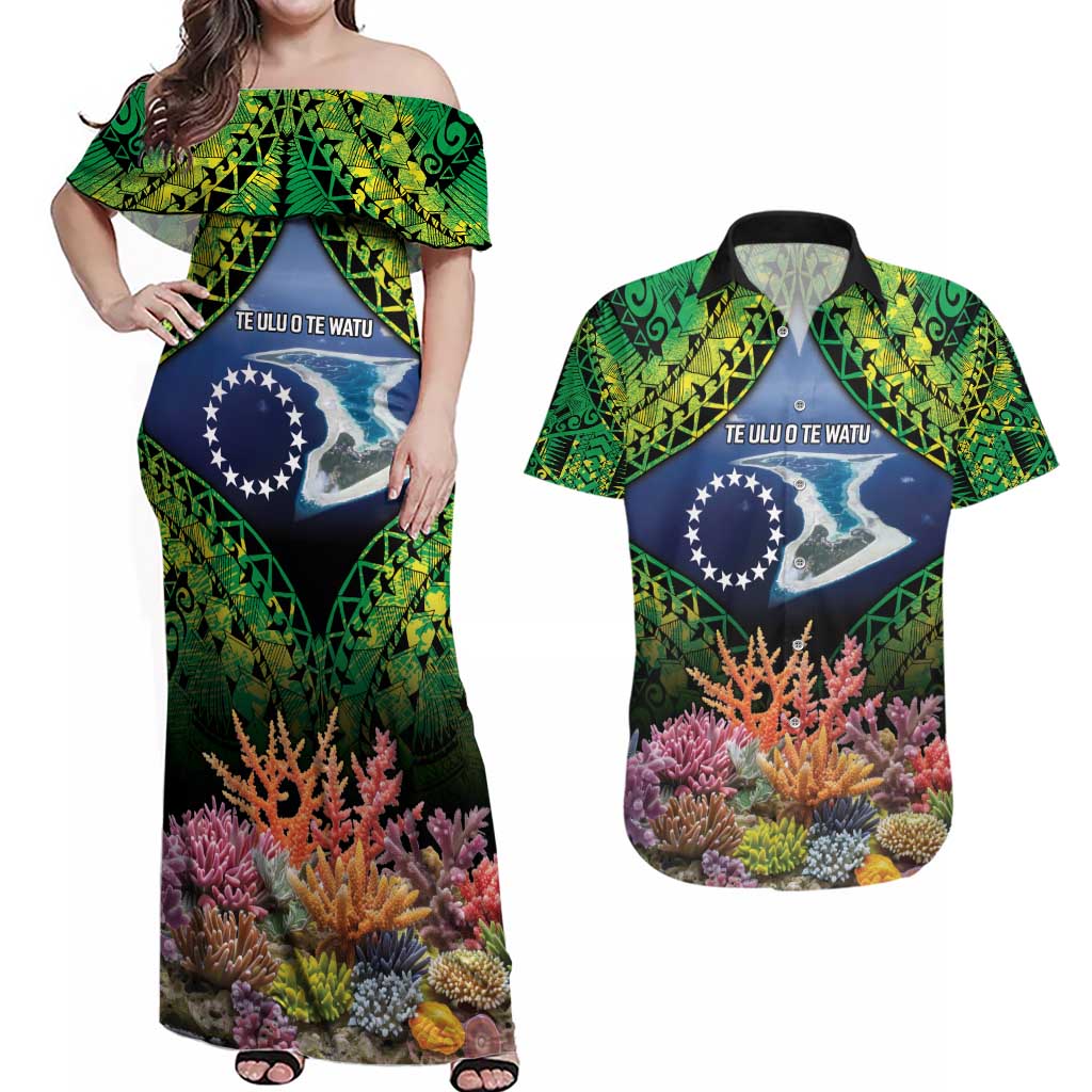 Te Ulu o te Watu Cook Islands Atoll Personalised Couples Matching Off Shoulder Maxi Dress and Hawaiian Shirt Pukapuka Map with Pacific Coral Reef Green Vibe