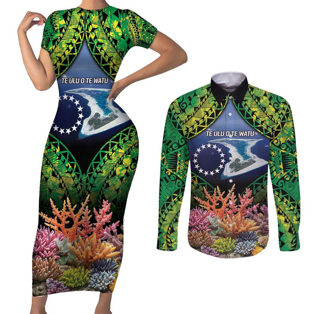 Te Ulu o te Watu Cook Islands Atoll Personalised Couples Matching Short Sleeve Bodycon Dress and Long Sleeve Button Shirt Pukapuka Map with Pacific Coral Reef Green Vibe