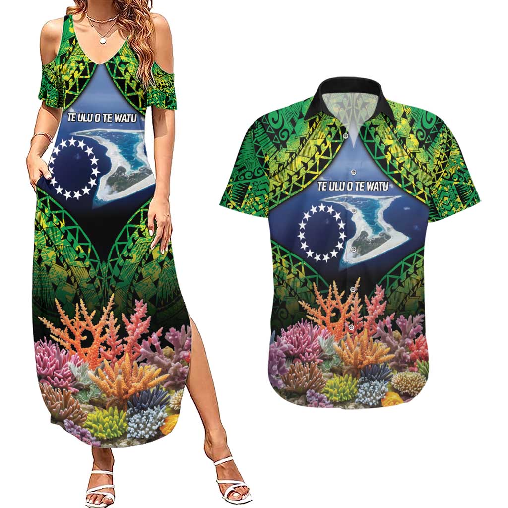 Te Ulu o te Watu Cook Islands Atoll Personalised Couples Matching Summer Maxi Dress and Hawaiian Shirt Pukapuka Map with Pacific Coral Reef Green Vibe